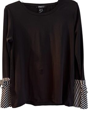 Gramercy 22 Women’s Black Long Sleeve Tee with Black-and-White Striped Tie Cuffs